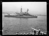 Navy battleship USS Nevada at dock, San Pedro, 1930-1939