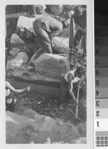 Laying rock : north abutment, thin arch dam # 6 : Brand Park Project, Brand Park SP-30, Glendale, California, October 1935