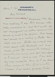 William Milligan Sloane, letter, 1921-04-07, to Hamlin Garland
