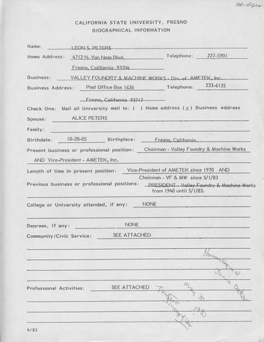 Biographical information sheet for Leon S. Peters