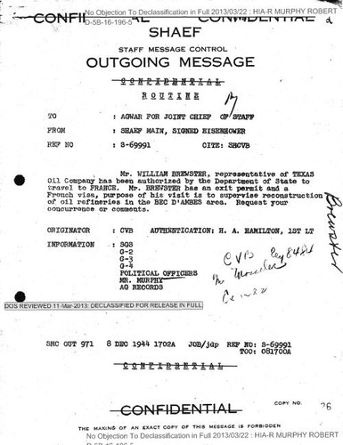 Eisenhower cable to AGWAR for Joint Chief of Staff regarding William Brewster