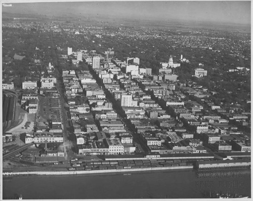 Aerial View of Sacramento, Facing East, Including Waterfront and Southern Pacific Rail yard