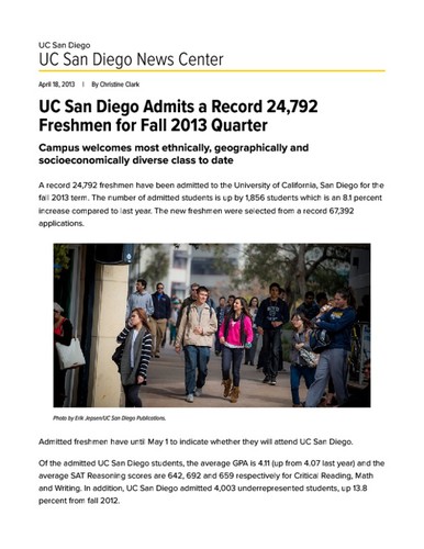 UC San Diego Admits a Record 24,792 Freshmen for Fall 2013 Quarter