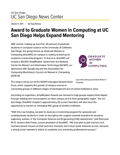 Award to Graduate Women in Computing at UC San Diego Helps Expand Mentoring