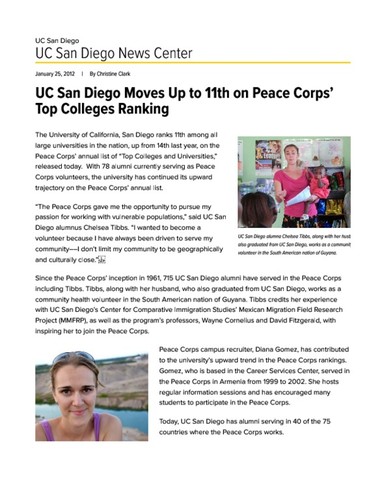 UC San Diego Moves Up to 11th on Peace Corps’ Top Colleges Ranking