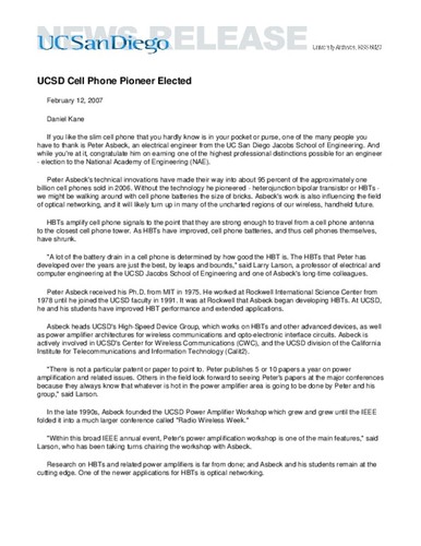 UCSD Cell Phone Pioneer Elected