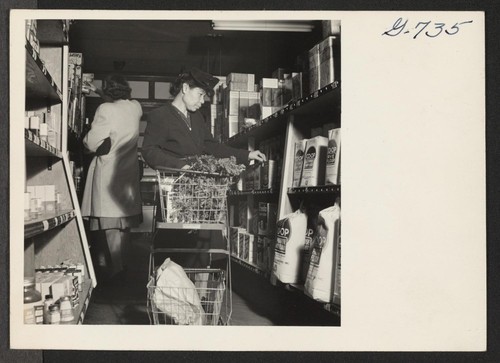 Mrs. Umeko Shimomura shops for groceries at the Cooperative grocery store managed by Harry Hiraoka at Moorestown, N.J. Mr. and
