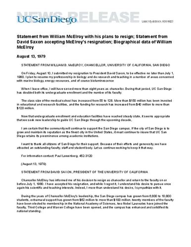 Statement from William McElroy with his plans to resign; Statement from David Saxon accepting McElroy's resignation; Biographical data of William McElroy