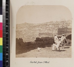 Distant view of Antananarivo with missionary in foreground, Madagascar, ca. 1865-1885