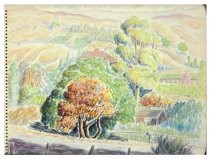 Watercolor view of Molino Ave.with trees, buildings and rolling hills