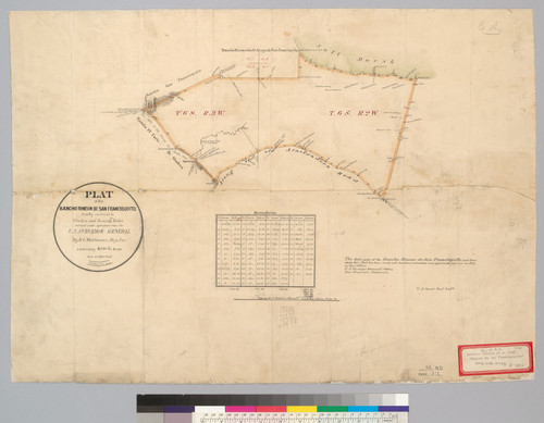 Plat of the Rancho Rincon de San Francisquito, finally confirmed to Teodoro and Secundino Robles : [Santa Clara Co., Calif.] / Surveyed under instructions from the U.S. Surveyor General ; by R.C. Matthewson, Dep. Sur
