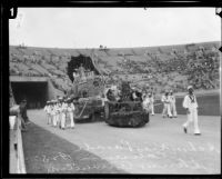 Selma Avenue School students, on and around float, Shriners' parade, Los Angeles Memorial Coliseum, Los Angeles, 1925
