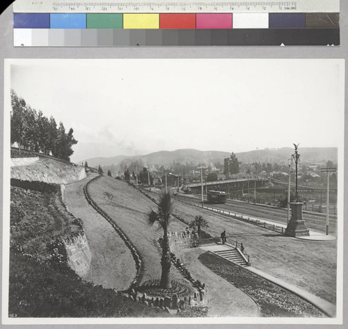 Elysian Park, Los Angeles, showing the park entrance and the North Broadway bridge, 1900