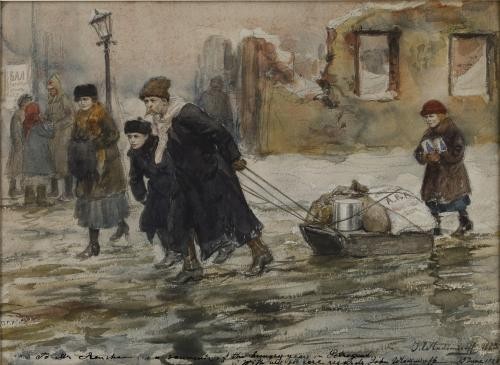Ivan Vladimirov watercolor of a family moving food on a sled