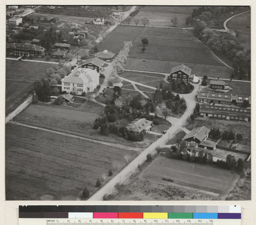 Davis campus. The Davis Farm as it appeared in early 1920s. The main buildings were clustered around a central field planted to alfalfa, later to become the Quadrangle