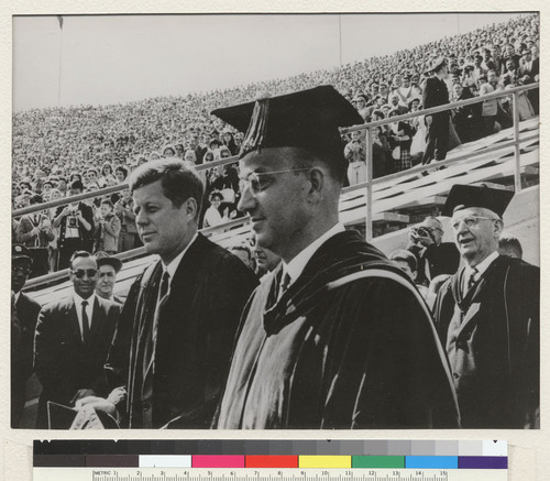 Berkeley campus. On March 23, 1962, President John F. Kennedy addressed the university's largest audience at Charter Day ceremonies in Memorial Stadium. In the procession with President Kennedy is University President Clark Kerr followed by President Emeritus Robert B. Sproul