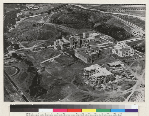 Los Angeles campus. The UCLA campus as it appeared in 1929 when instruction began on the new campus. Enrollment totaled 6,175. Buildings around the central court were Royce Hall, Library, Kinsey Hall, Haines Hall, Moore Hall is under construction