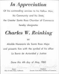 In appreciation of his outstanding service : plaque presented to Charles W. Reinking as Alcade Honorario de Santa Rosa Mejor, Santa Rosa, California, 1965
