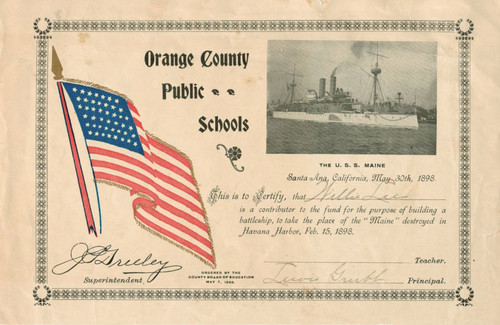 Orange County Public Schools Battleship Maine Certificate, 1898