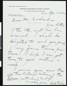 Clyde Fisher, letter, 1920-04-12, to Hamlin Garland