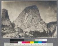 Mt. Broderick (left) and Liberty Cap with a portion of Nevada Falls at the right. Yosemite Valley