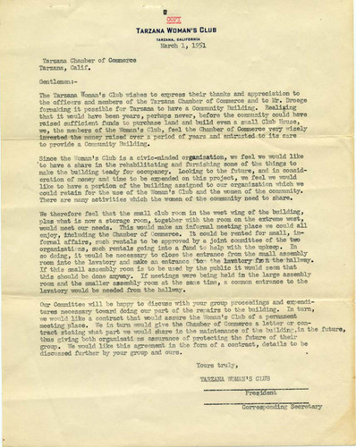 Tarzana Community Building correspondence, 1951