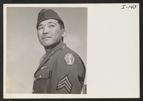 Sgt. Sukio Oji on leave in Denver, Colorado, from Camp Shelby, Mississippi. Sgt. Oji lived in California prior to evacuation to the Gila River Center, and after spending several months there he went to the University of Nebraska to study Civil Engineering. Photographer: Iwasaki, Hikaru Denver, Colorado