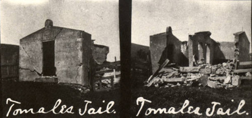Two views of the Tomales Jail, destroyed by the earthquake of April 18, 1906, Marin County, California [photograph]