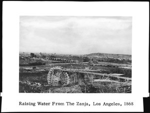 Water wheel near Elysian Park which raised water from the Zanja Madre that flowed to a reservoir in the Pueblo, ca.1870