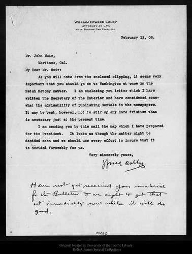 Letter from W[illia]m E. Colby to John Muir, 1908 Feb 11