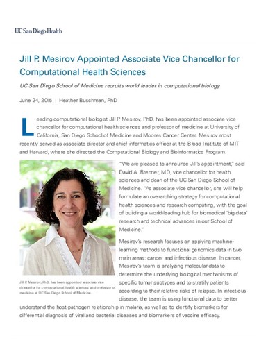 Jill P. Mesirov Appointed Associate Vice Chancellor for Computational Health Sciences