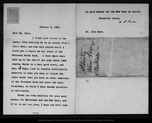 Letter from W[illiam] B[elmont] Parker to John Muir, 1902 Jan 9