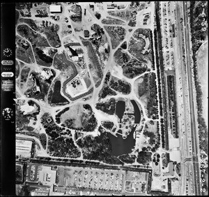 Aerial view of Century City showing a small lake, May 6, 1959