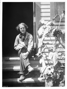 Portrait of Elbert Hubbard outside his workshop, ca.1900