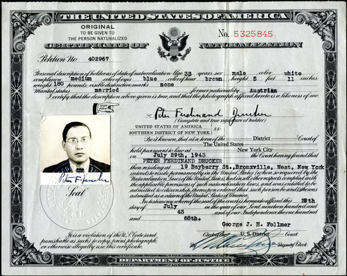 Peter Drucker Certificate of Naturalization, 1943