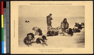 Missionary fathers with dog team on a plain of snow, Canada, ca.1920-1940