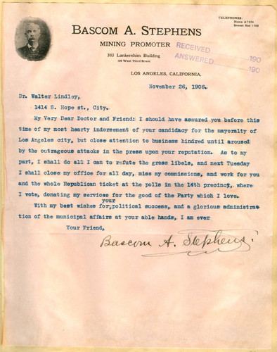 Letter from Bascom Stephens to Walter Lindley