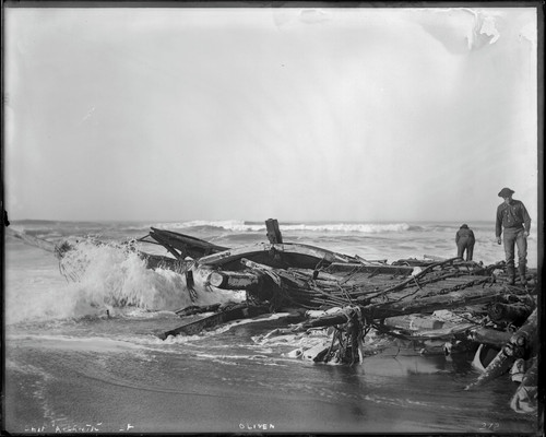 Shipwreck Atlantic (whaleboat) on beach near Cliff House, San Francisco. [negative]