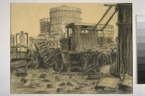 Title illegible; disused yard with old truck; gas storage tanks in background