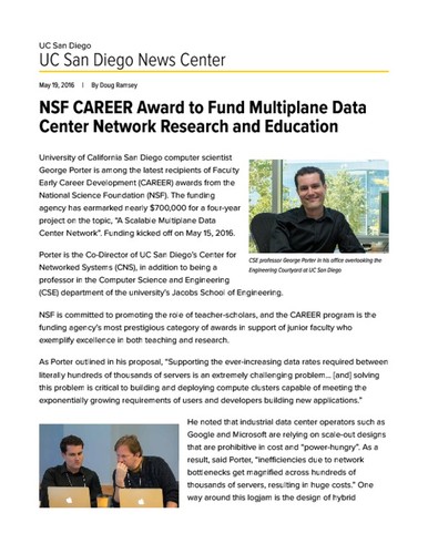 NSF CAREER Award to Fund Multiplane Data Center Network Research and Education
