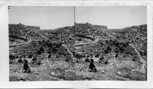 The valley of Jehosafat. Absalom’s Pillar, and Mt. of Olives, Jerusalem, Palestine