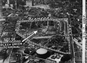 Plaza Union Terminal site near Civic Center in bird's-eye view, Los Angeles, 1934