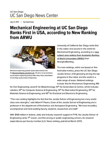 Mechanical Engineering at UC San Diego Ranks First in USA, according to New Ranking from ARWU