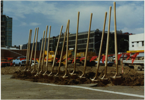Line of Shovels at Groundbreaking for Central Library Extension