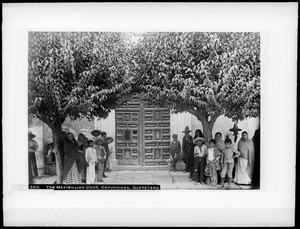 Group of people at door to Convent of Capuchinas, Queretaro, Mexico, ca.1900