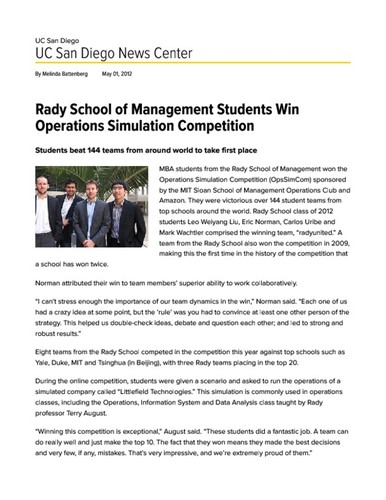 Rady School of Management Students Win Operations Simulation Competition