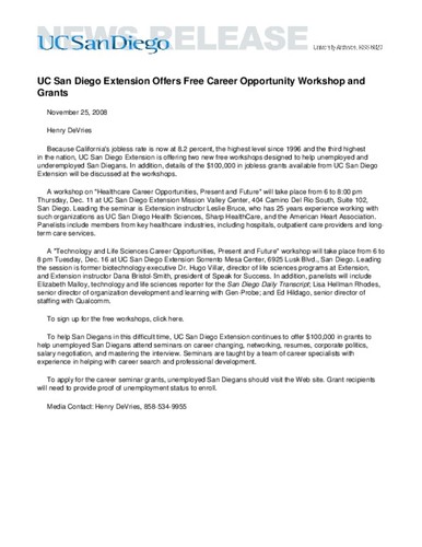 UC San Diego Extension Offers Free Career Opportunity Workshop and Grants