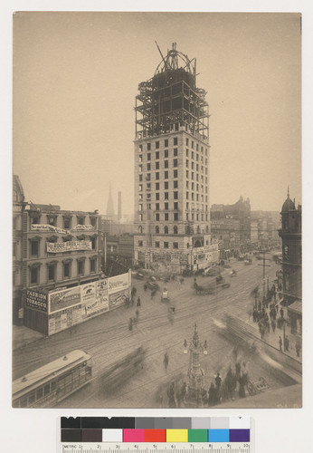 Call Bldg. [Call Building under construction (completed 1898) at Market and Third Sts. Lotta's Fountain, lower right center.]