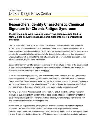 Researchers Identify Characteristic Chemical Signature for Chronic Fatigue Syndrome