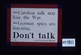Careless talk may lose the war. German spies are listening. Don't talk - by government request